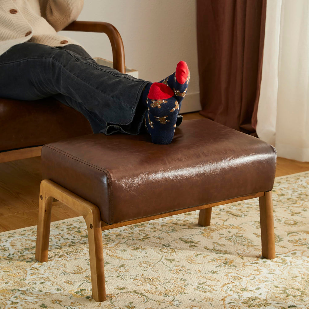 Rectangle Ottoman Bench Set of 2, Modern Coffee Leatherette Footstool with Walnut Rubberwood Legs