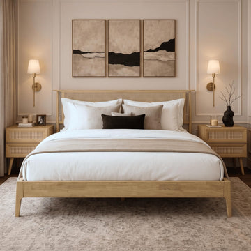 Ruby Wooden Bed Frame with Headboard and Natural Rattan, Solid Oak Foundation with Silent Slats, 1000 Lb Capacity