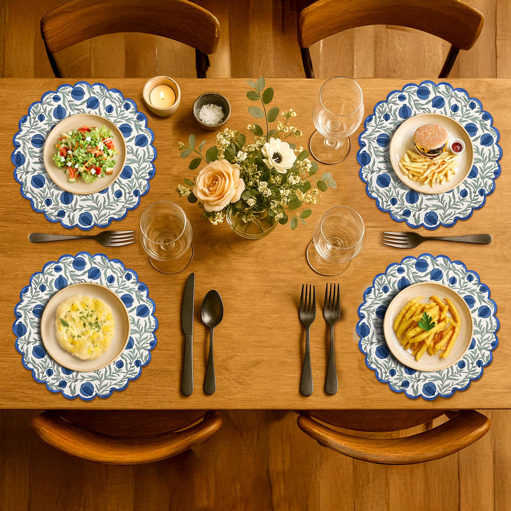 Floral Block Print Round Placemats 15 Inch, Set of 4, Queen Blue