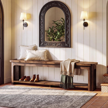 71" Solid Wood Beach with Storage, Farmhouse Entryway Shoe Bench