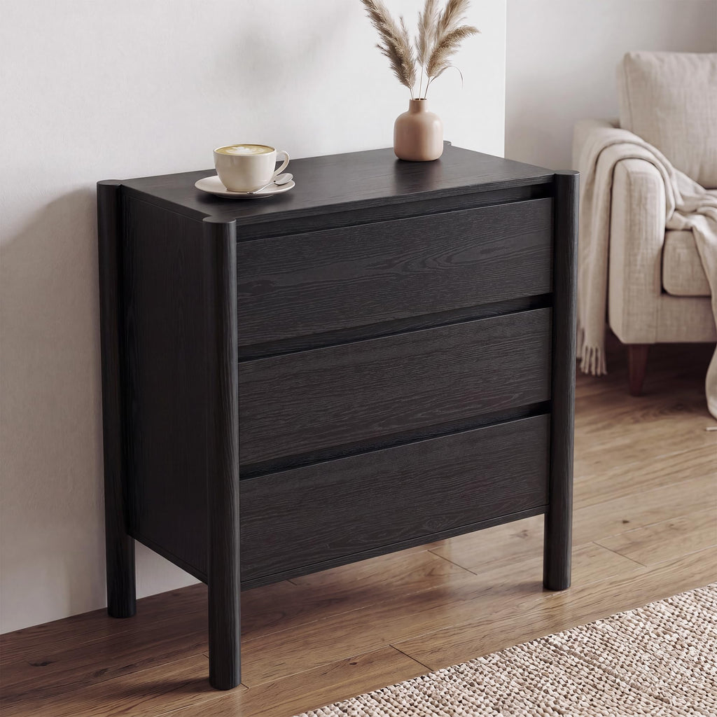 27.6" Wide Black 3 Drawer Dresser with Solid Wood Legs