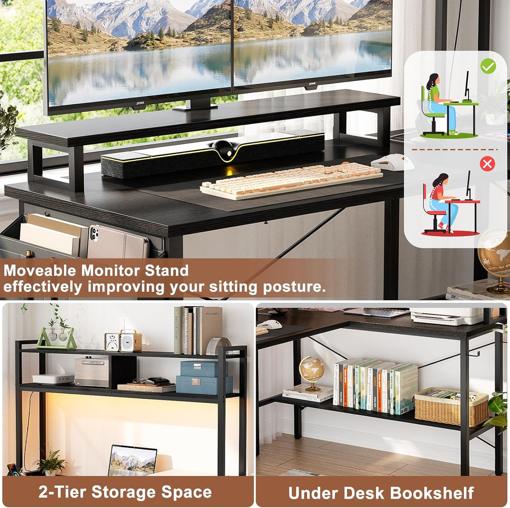 L Shaped Gaming Desk with Power Outlets & LED Lights, Black | Small L- Shaped Desk Computer Corner Desk with Monitor