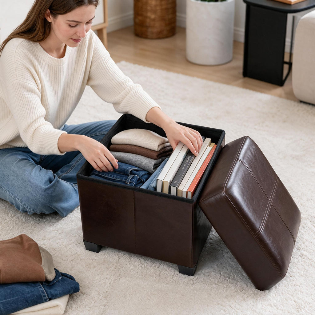 Square Storage Ottoman, Cube Ottoman with Legs, Leather Foot Stool