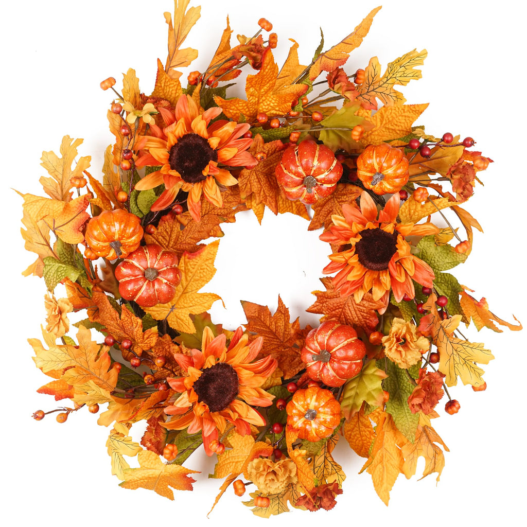 Fall Wreaths for Front Door 22 Inch, Autumn Wreath with Berry Pumpkin, Maple Leaves, Thanksgiving Harvest Festival