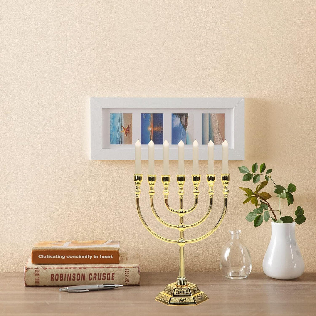 Israel 7-Branch Candle Holder - Golden Metal Candelabrum for Hanukkah, Jewish Decor, and Gifts - 6.68 X 5.31 X 2.55