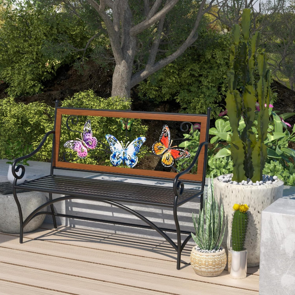 39.7" Outdoor Bench, Garden Bench, Patio Bench with Armrest, Slatted Seat and Butterfly Pattern Backrest for Outside
