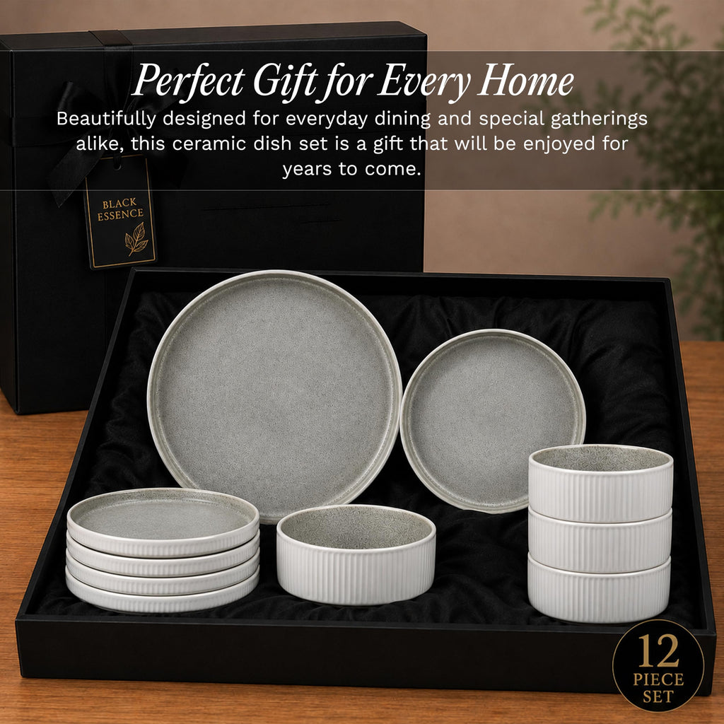 12 Pieces Stoneware Fluted Dinnerware Set, Modern Cream Dishes for 4, Premium Serving Plates and Bowls Sets, Chip &
