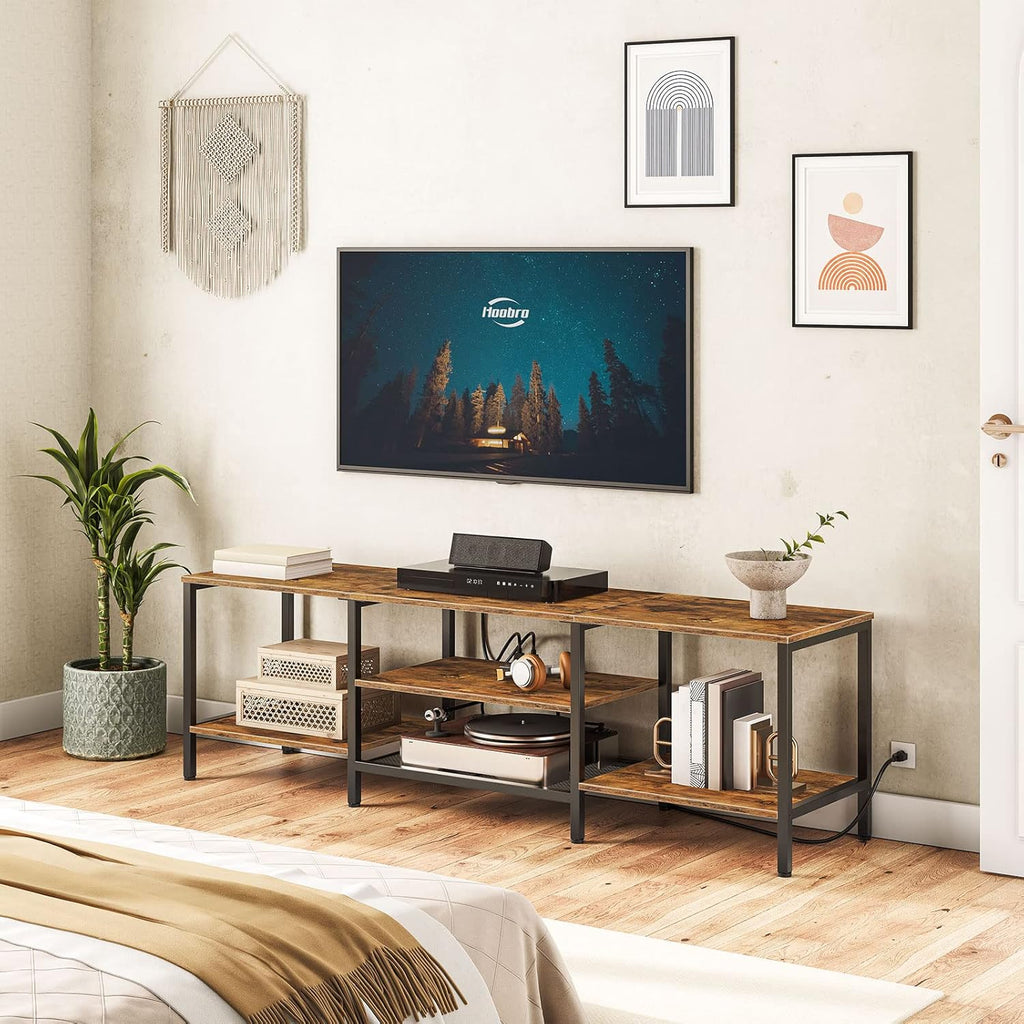TV Stand with Power Outlets to 75 Inches, TV Console Table with Open Storage Shelves Cabinet, Industrial Media