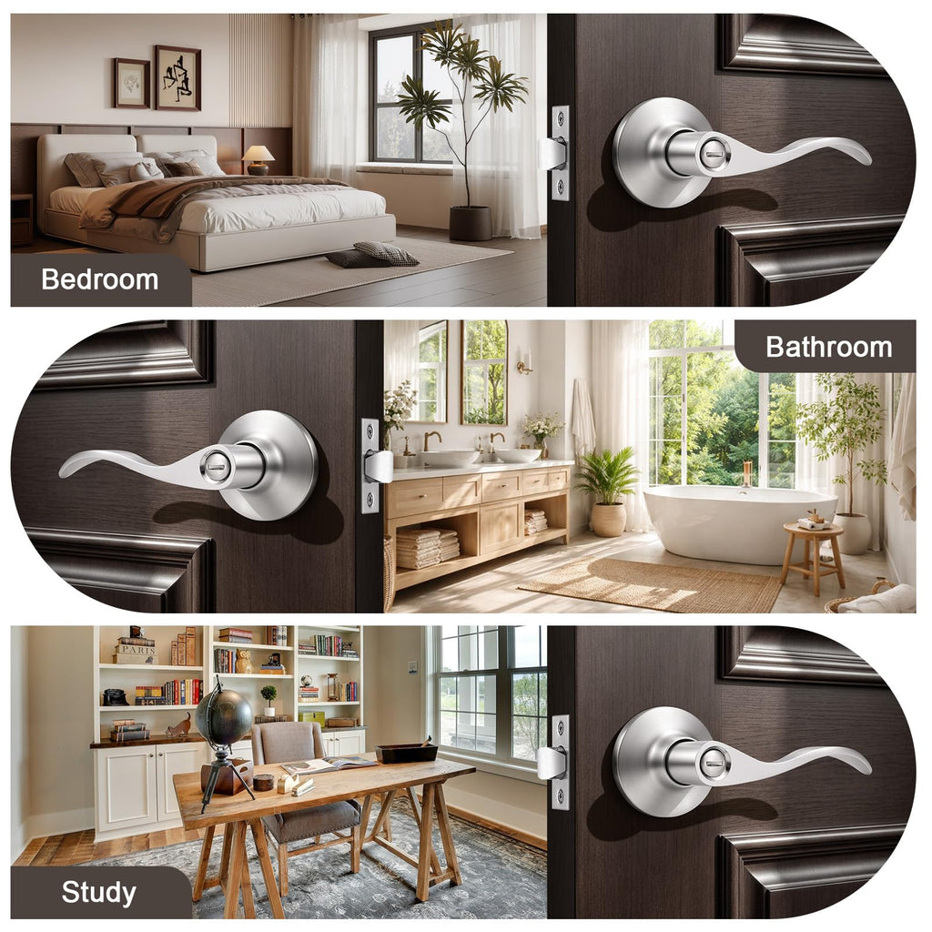 1 Pack Satin Nickel Privacy Door Lever, Modern Interior Door Knobs Locks , Heavy Duty Door Handle, Reversible Wave