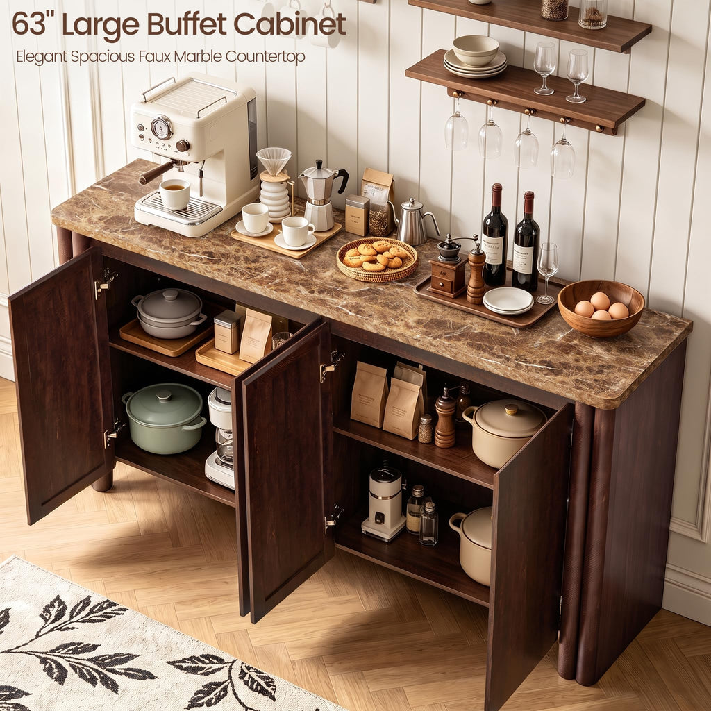 63" W Sideboard Buffet Cabinet with Faux Marble Countertop