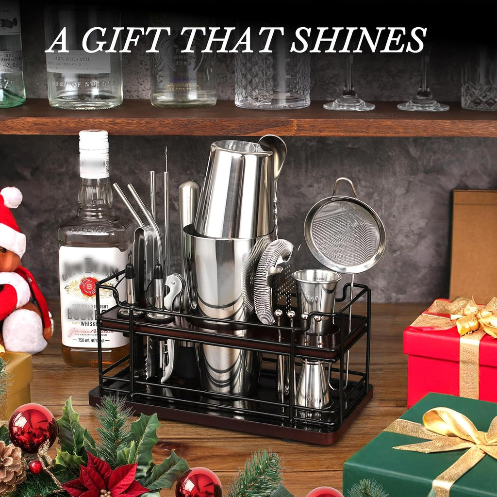 Boston Cocktail Shaker Set with Stand, 20-Piece Complete Bartender Kit Bar Use, Essential Bar Set with 18oz & 28oz - Set of 20