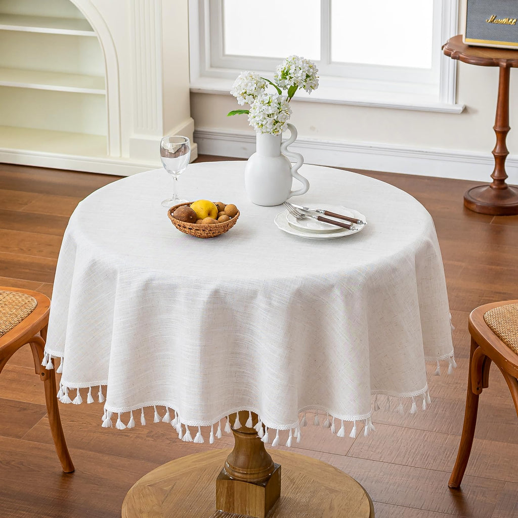 Cream Round Tablecloth 55 Inch, Linen Look