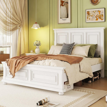 Farmhouse Queen Bed Frame with Tall Headboard and Footboard, White Wood Bed Frames Queen with Under Bed Storage