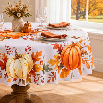 Fall Round Tablecloth, 70 Inch Thanksgiving Orange Pumpkin Farmhouse Decor