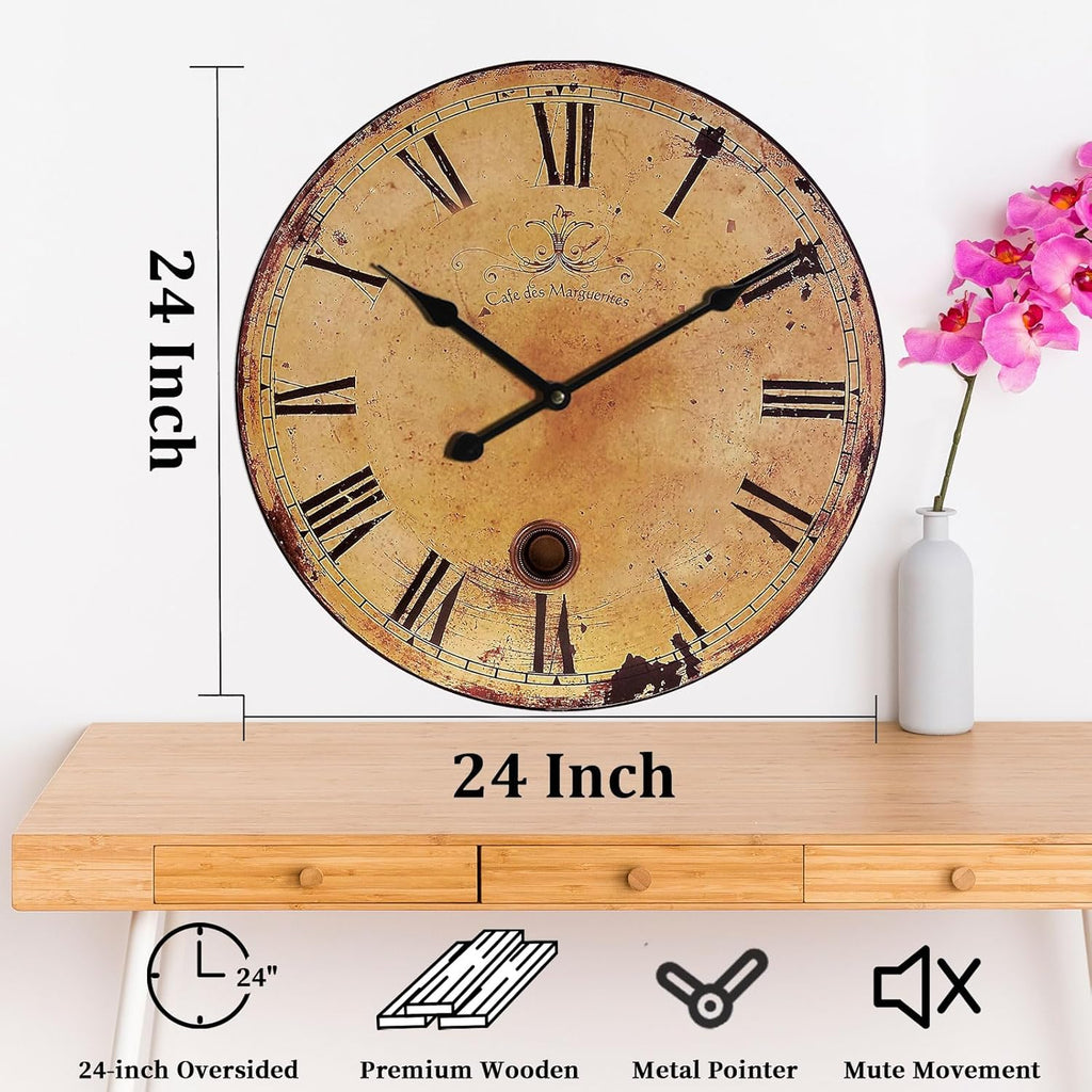 Rustic Large Wall Clock Silent Battery Operated for Farmhouse Livingroom,24 Inch Vintage Wall Clock Non-Ticking for Kitchen Bedroom Home School