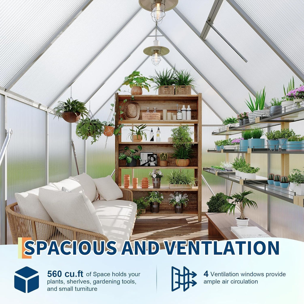 6 x 7 ft Outdoor Polycarbonate Greenhouse Kit, Heavy Duty Greenhouse with Reinforced Aluminum Frame, Adjustable Roof