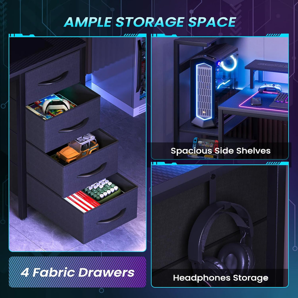59in Gaming Computer Desk with Drawers & Power Outlet & LED Lights, Black | Gaming Table, Escritorio Gamer