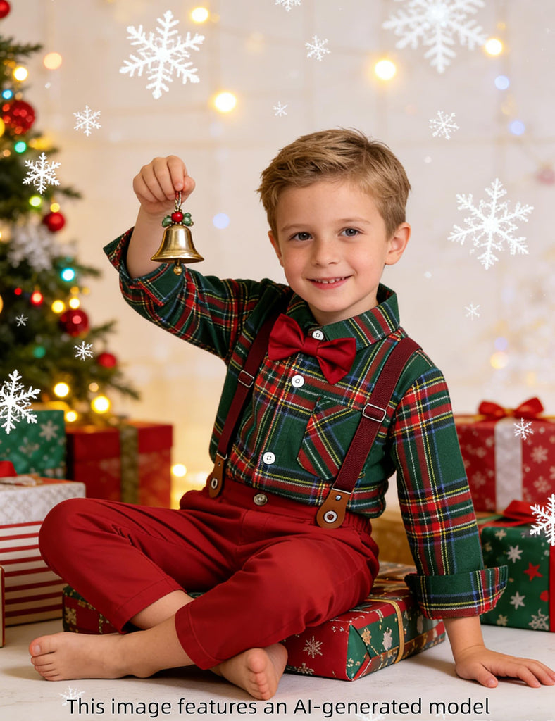 Christmas Outfit Boy Baby Dress Suit Green Plaid and Red