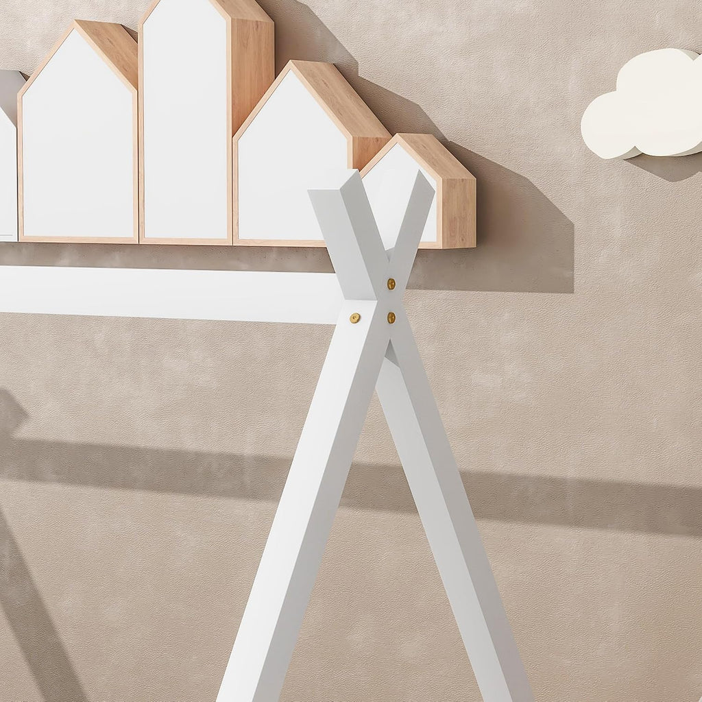 Floor Bed for Kids Tent-Shaped Montessori Floor Bed with Slats and Guardrails Wood Teepee Bed Frame