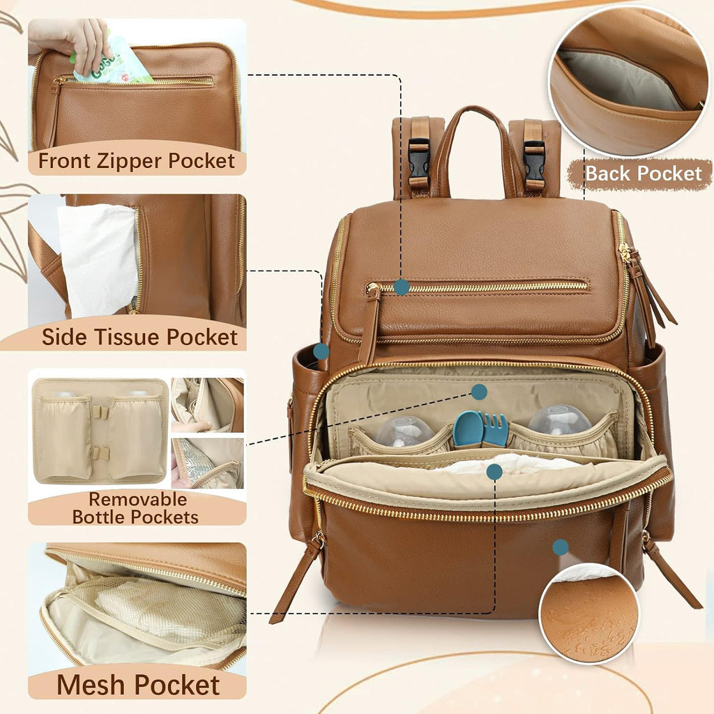 Diaper Bag Backpack Large Baby Diaper Bag Leather with 17 Diaper Bag Organizing Pouches,Changing Pad,Stroller