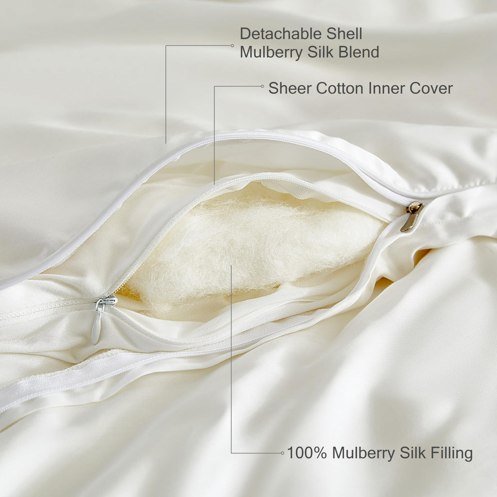 Silk Comforter Set 4 Pieces, All-Season 100% Silk Filled Comforter with Detachable Duvet Cover, Moisture-Wicking
