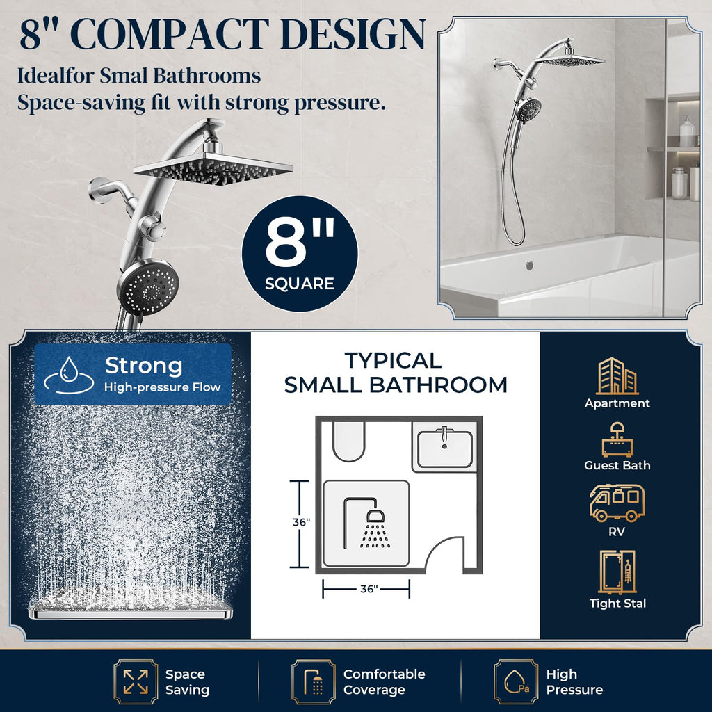 8"Square Rain Shower Head with Handheld, 8-Function Rainfall, Power Jet
