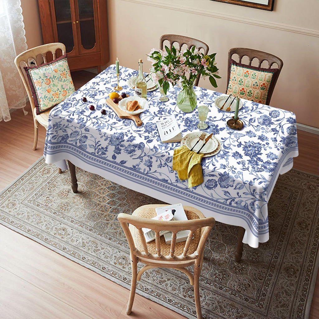 Rectangle Tablecloth Polyester Material - 60 x 84 Inch Blue Floral Rustic Lightweight Tablecloth Classic French