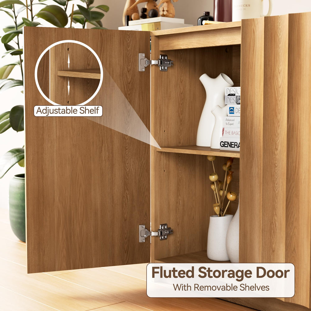 Modern Buffet Cabinet with Storage, 63" Wide Fluted Arched Sideboard Cabinet with Adjustable Shelves, Wooden Modular
