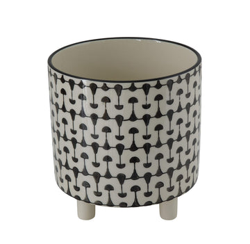 Round Stoneware Planters with Geometric Prints, Black and White