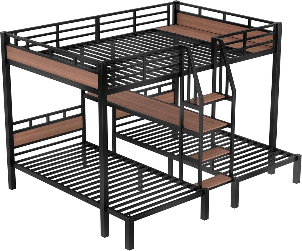 Queen Over Twin Over Twin Bunk Bed with Shelf and Stairs, Heavy Duty Triple Bunk Beds with Safety Guardrails