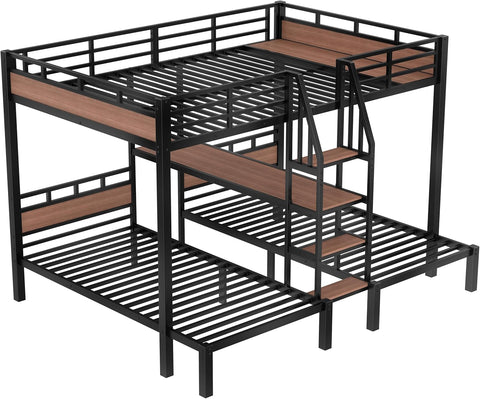Queen Over Twin Over Twin Bunk Bed with Shelf and Stairs, Heavy Duty Triple Bunk Beds with Safety Guardrails