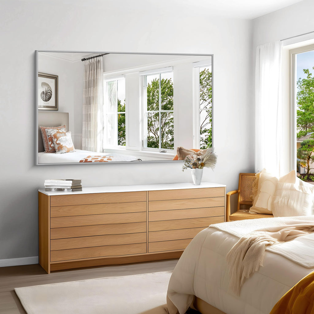 Silver Bathroom Mirror, 60"x36" Large Rectangle Bathroom Mirror for Wall, HD Tempered Glass, Anti-Rust Brushed Silver
