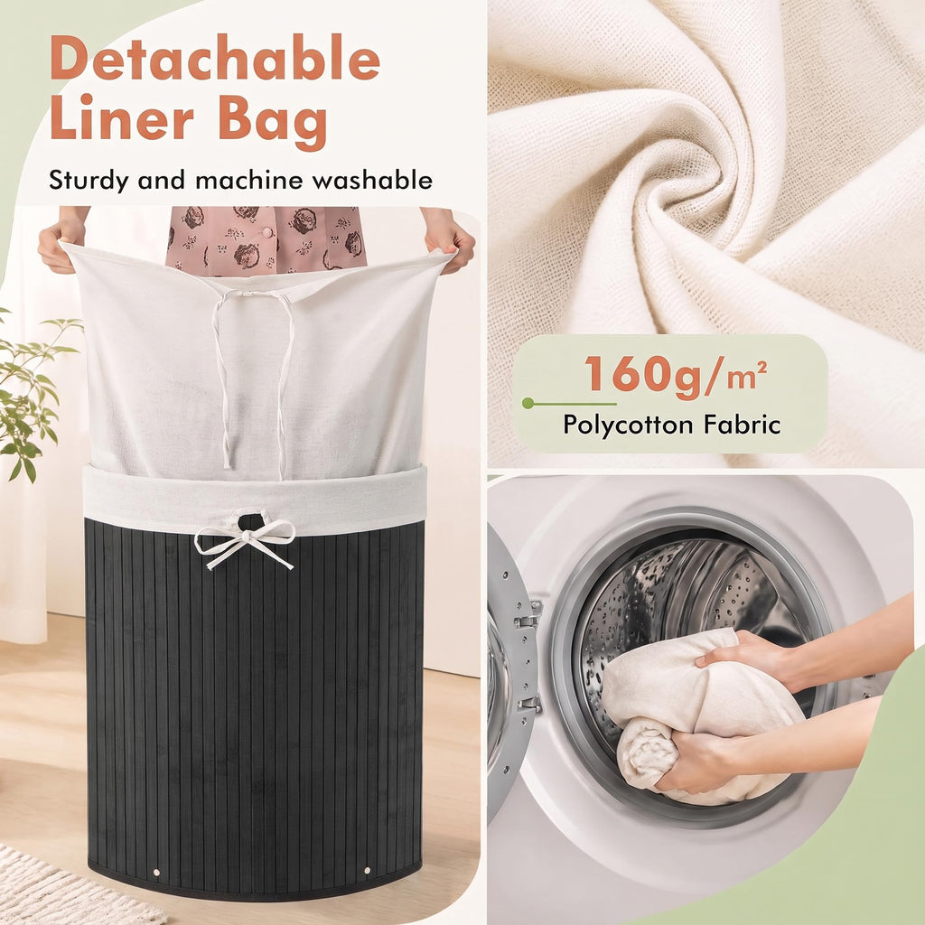 Corner Bamboo Laundry Hamper with Lid and Removable Liner, Washing Clothes Basket Storage Bin with Handle, Suitable