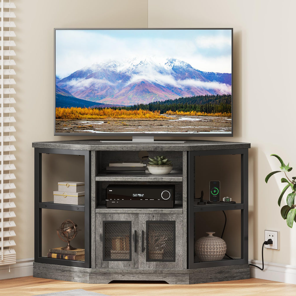 Grey Oak Corner TV Console, Mesh Cabinet, 2 AC + 2 USB