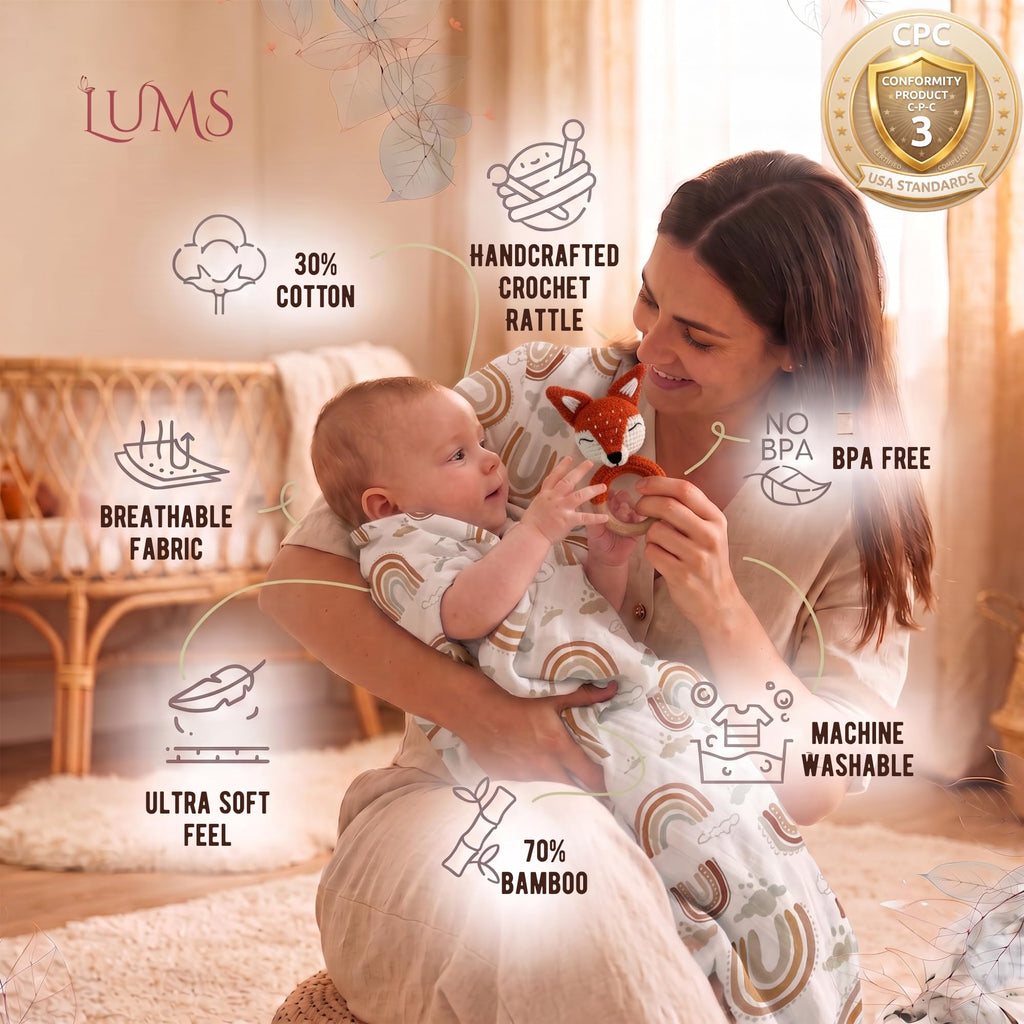 Baby Gift Basket - Newborn Gift Set 6 Pieces: Bamboo Blanket, Footprint Frame, Rattle, Comb, Pacifier Clip &
