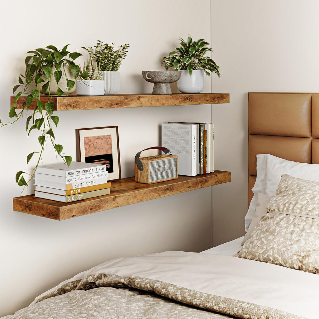 Floating Wall Shelves for Decor (Rustic Brown, Set of 2, 35.4Inch)