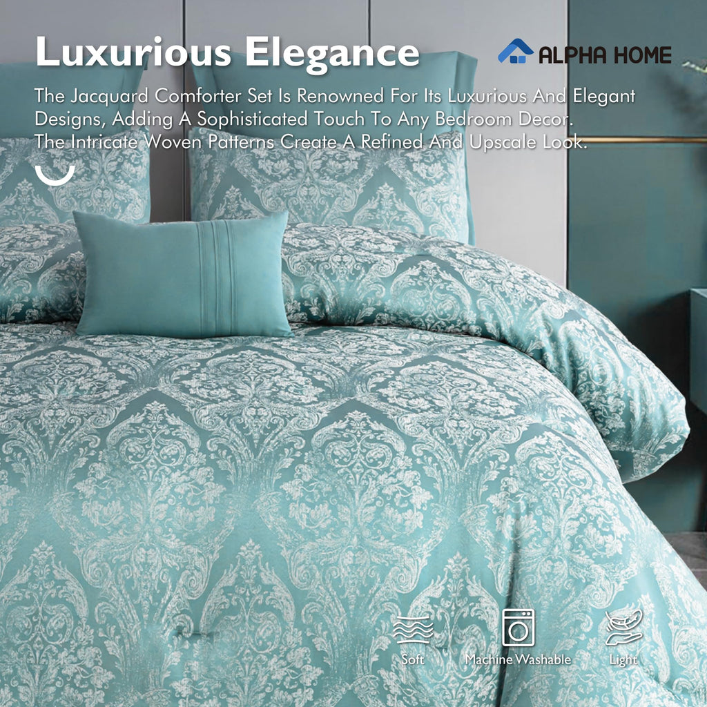 Queen Size Jacquard Bedding Comforter Set - All Season, Luxurious Elegance - 1 Comforter, 2 Pillow Shams, 2 Euro Shams
