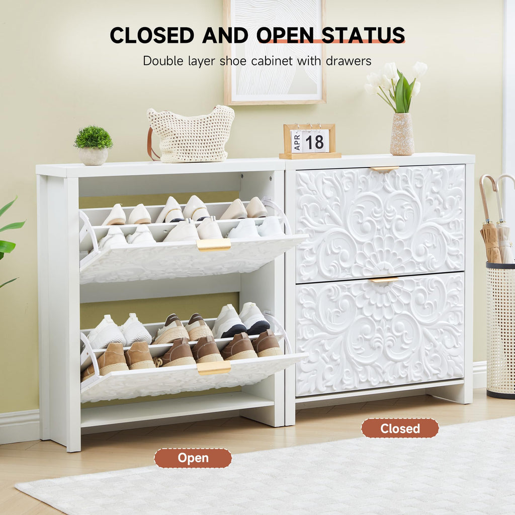 Shoe Cabinet Set of 2, 2-Tier Flip-Drawer Storage (White, 2)