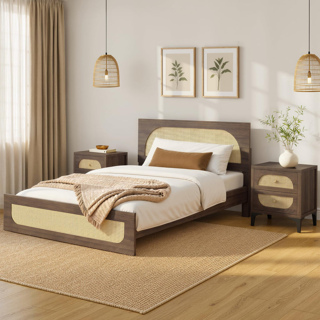 Boho Rattan Bed Frame, Farmhouse Platform, Walnut