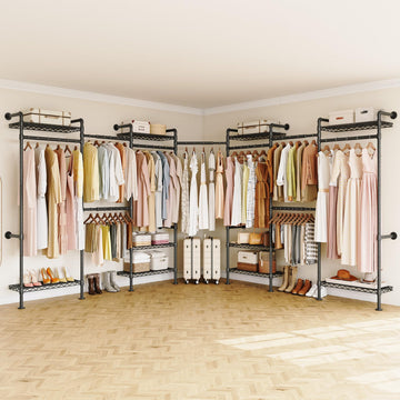L7 Wall Mounted Industrial Pipe Clothing Rack, Corner Closet System
