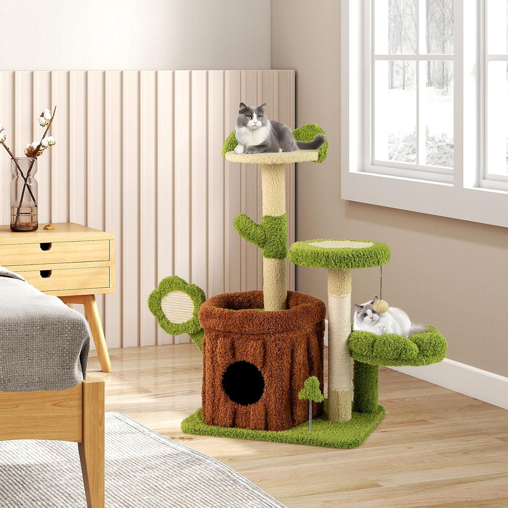 Cute Cat Tree Green Forest, 36 Inch Aesthetic Cat Tower with Sisal Scratching Posts & Board, Trunk Condo, Flower