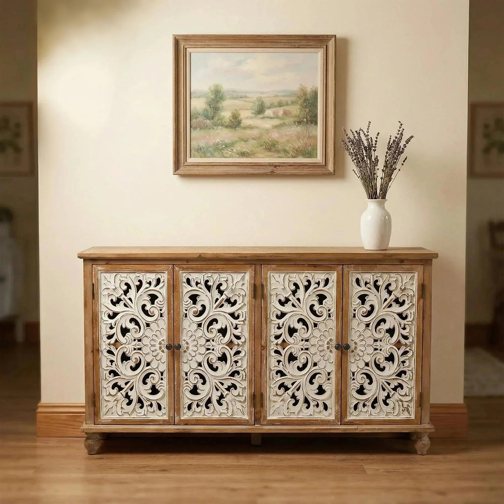 60" Farmhouse Sideboard Buffet, Solid Wood Credenza Storage Cabinet