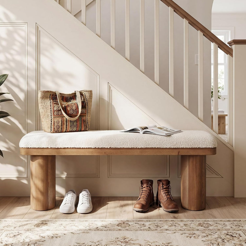 47" End of Bed Bench, Boucle Upholstered Bedroom Bench | Farmhouse Entryway Bench, Solid Wood Ottoman
