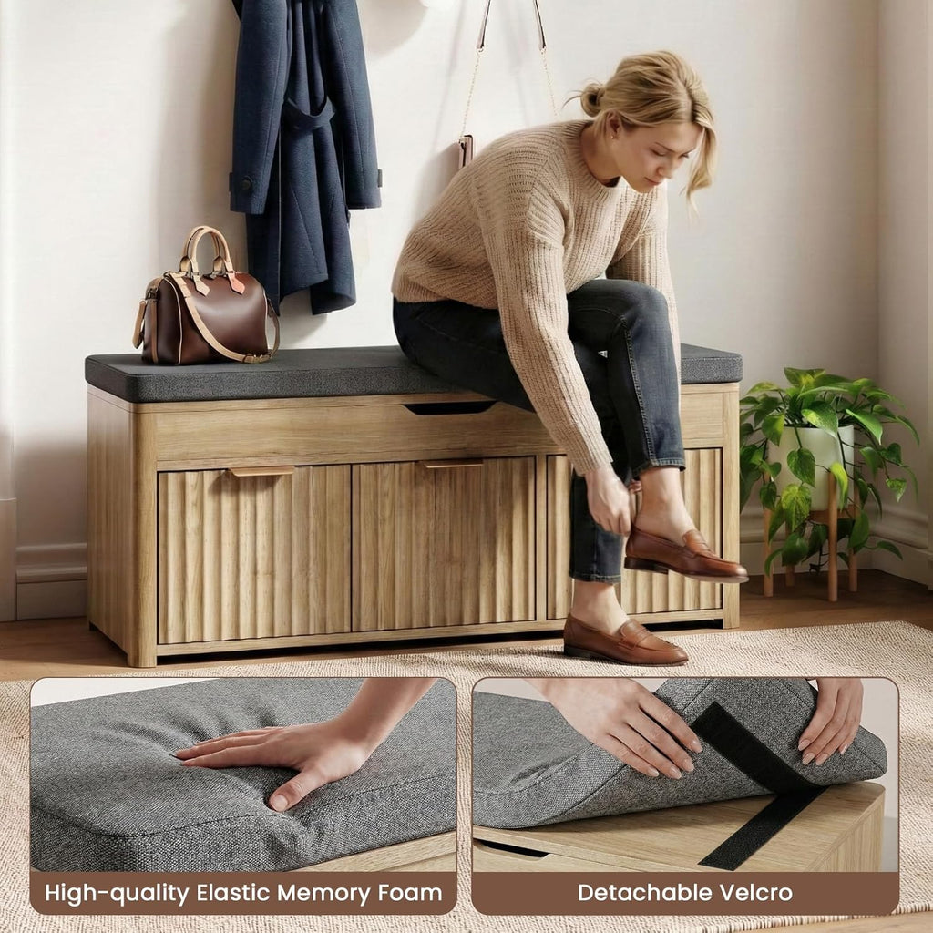 37.4" W Shoe Bench with Storage, Lift Top Entryway Bench, Natural | 2-Tier Adjustable Shoe Rack with Cushioned Seat
