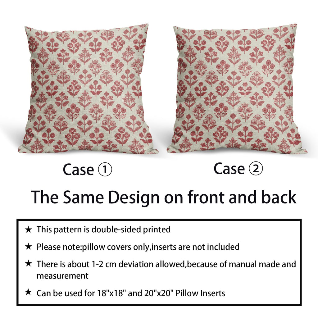 Red Floral Pillow Covers 22x22 Inch Set of 2, Vintage Flower Block Pattern Decorative Throw Pillowcases Outdoor