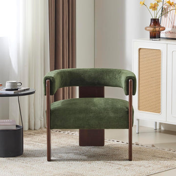 Modern Velvet Accent Armchair with Barrel Back,Mid-Century Upholstered Reading Chair with Walnut Finish Legs, Lounge