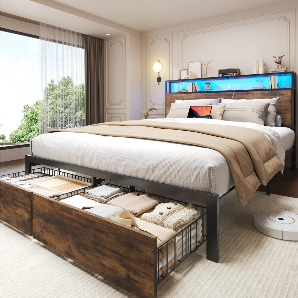 Bed Frame with Charging Station, LED Lights, 2 Drawers, Rustic Brown