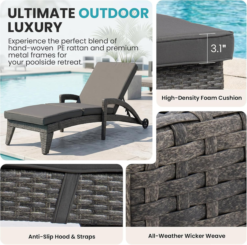 Patio Chaise Lounge Set of 2, Wicker Lounge Chairs Outdoor with Wheels, Wicker Chaise Lounges with Armrests All