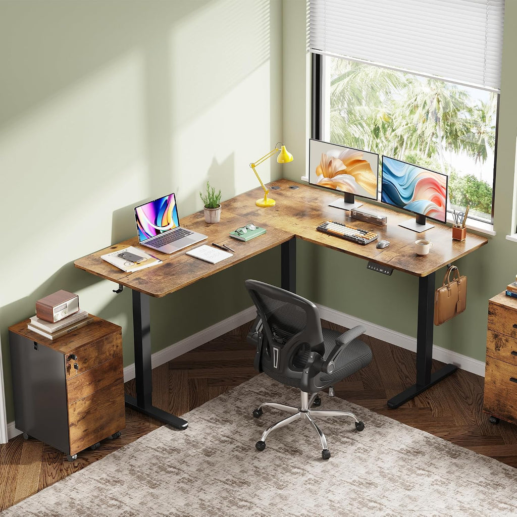 63 Inch Standing Desk, L Shaped, Computer Desk, Rustic Brown | LED Touchscreen, Headphone Hook, 3 Memory Preset