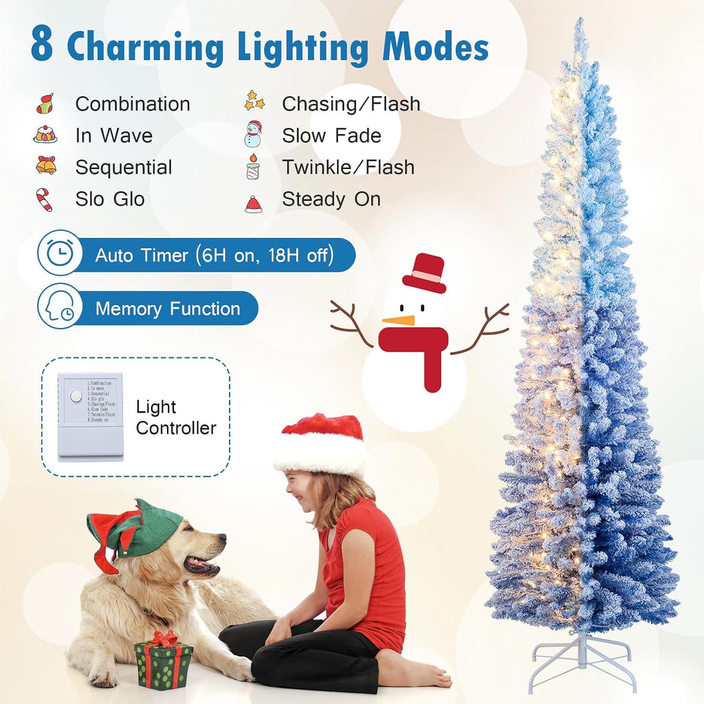 7 FT Pre-lit Flocked Pencil Christmas Tree Blue Slim Artificial Xmas Tree with 588 Branch Tips, 290 Warm White LED